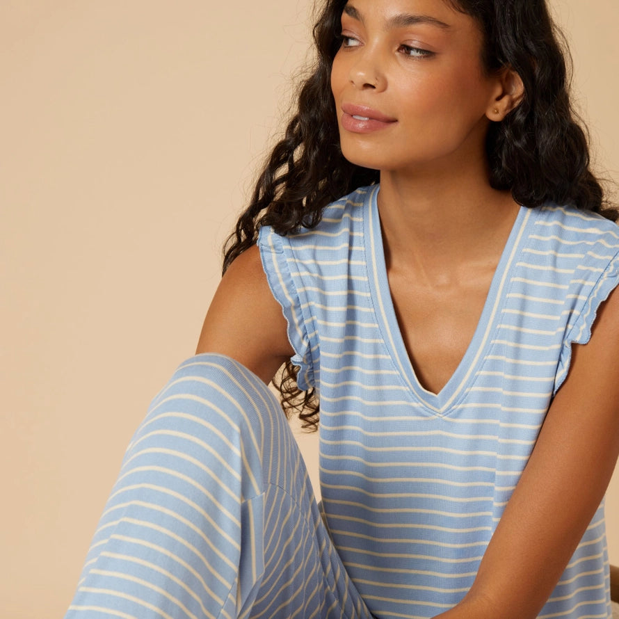 Softies Dream Ruffle V-Neck Cropped Pant in Sky Blue Stripe