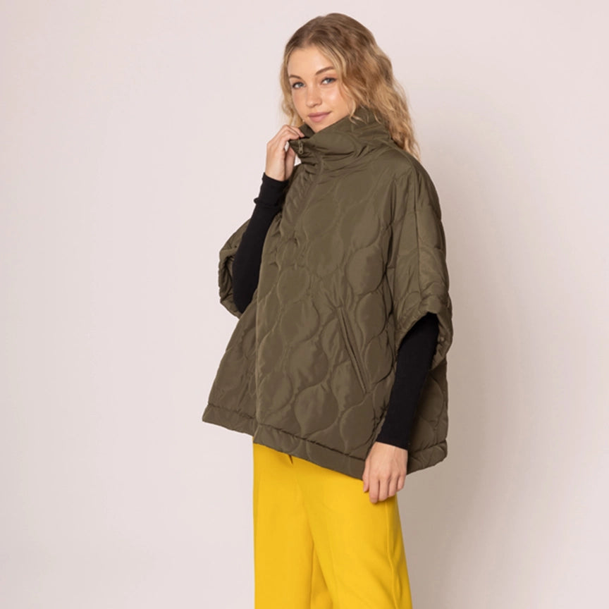 Oversized Quilted Half Zip Poncho in Olive