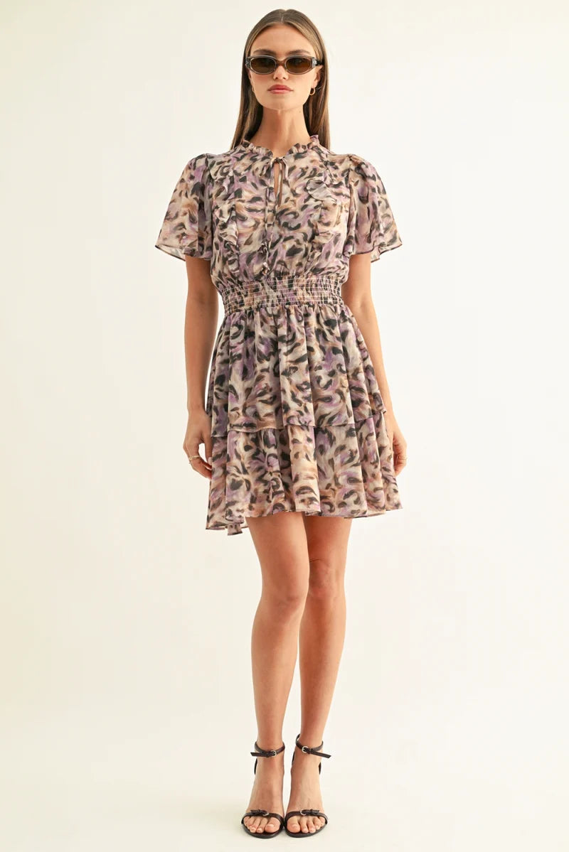 Adelyn Rae Lorena Flutter Sleeve Mini Dress in Lavender Leopard