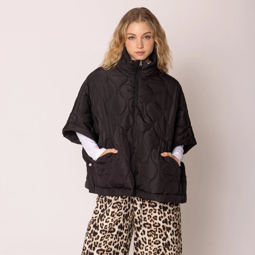 Oversized Quilted Half Zip Poncho In Black