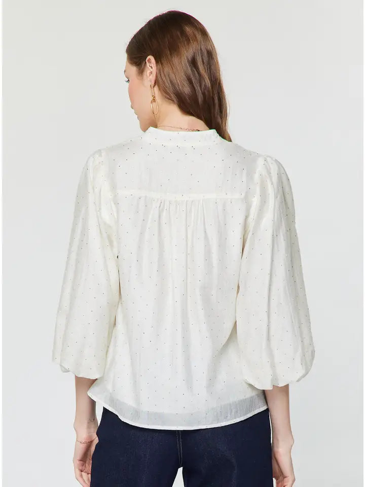 Rhinestone 3/4 Puff Sleeve Blouse in Cream