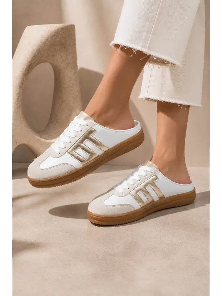 Slide On Sneaker in White/Gold