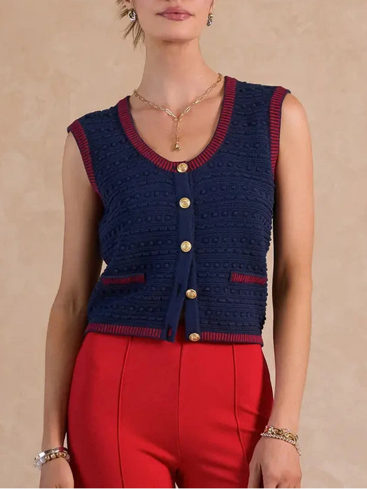 Scoop-Neck Button-Up Sweater Vest in Navy and Red