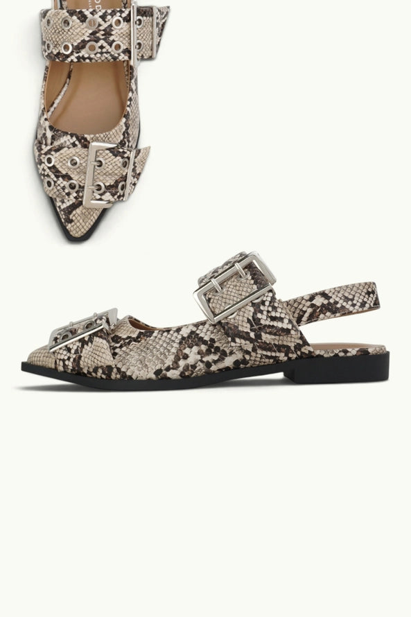 Double Buckle Pointed Toe Slingback Flat in Python