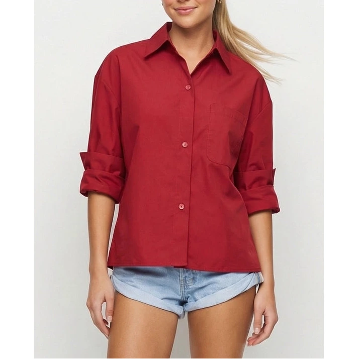 Rolled Sleeve Buttondown in Red