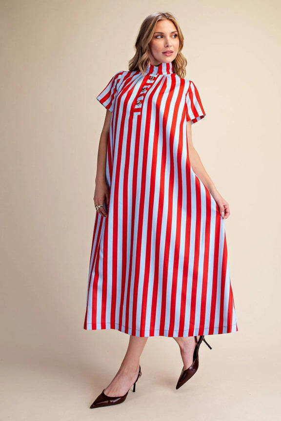 Striped Midi Dress in Red and Powder Blue