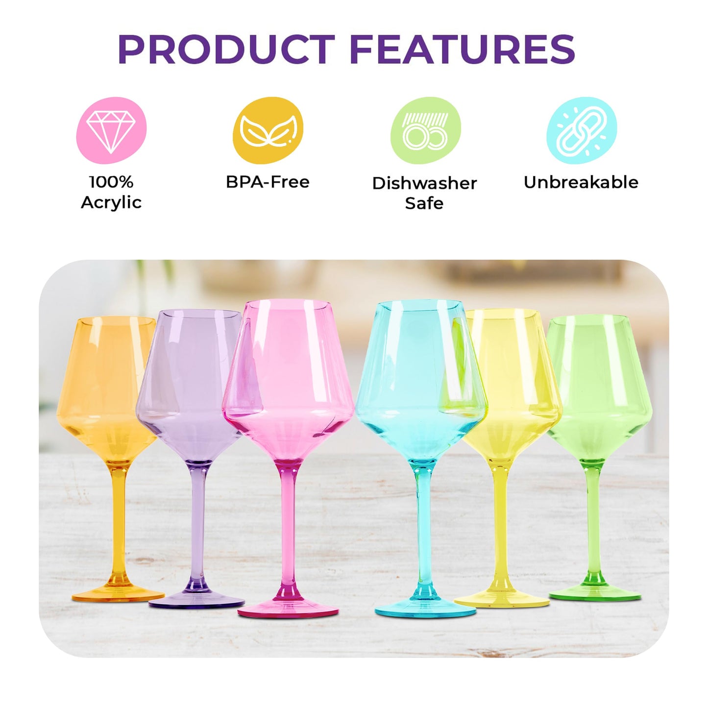 Acrylic Unbreakable Stemmed Wine Glasses Set of 6 in Bright
