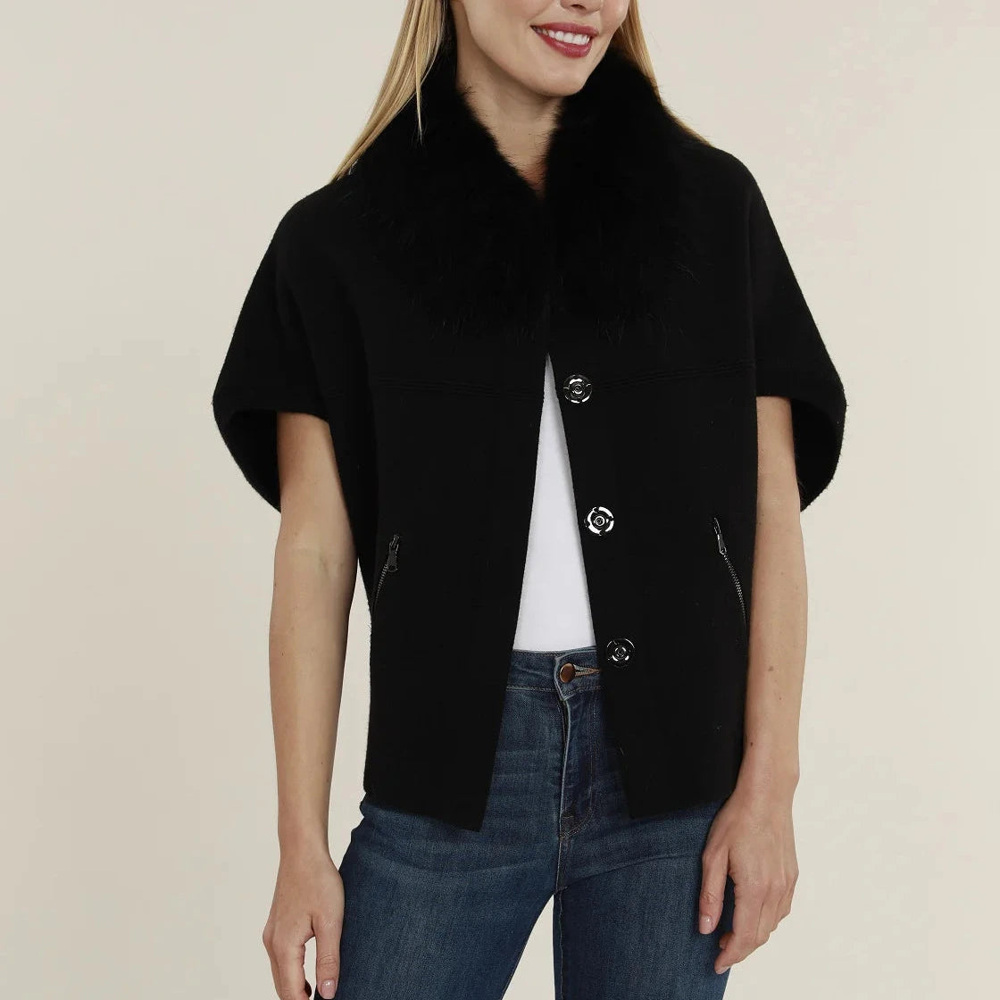 Faux Fur Trimmed Cardigan Cocoon in Black