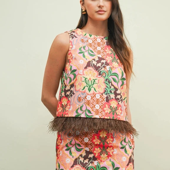 Feather Trimmed Satin Tank in Garden Party