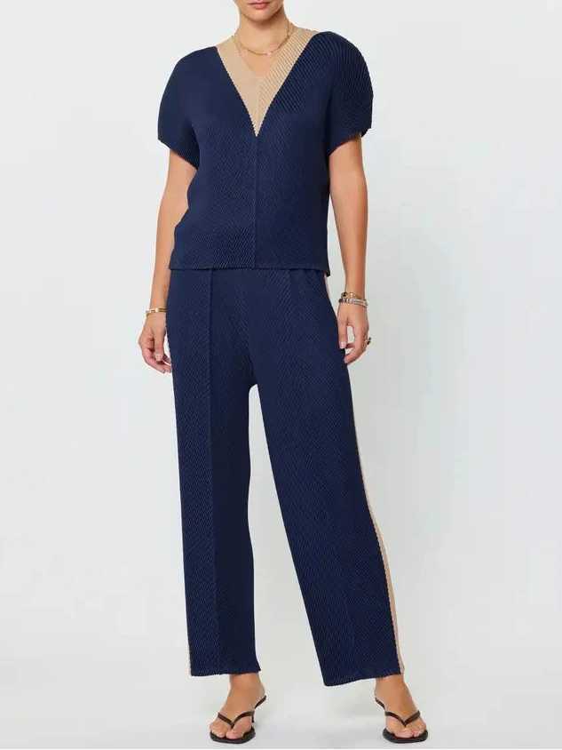 V Neck Dolman Sleeve Pleated Top in Navy