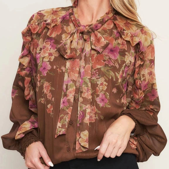 Tie Front Floral Blouse in Coco