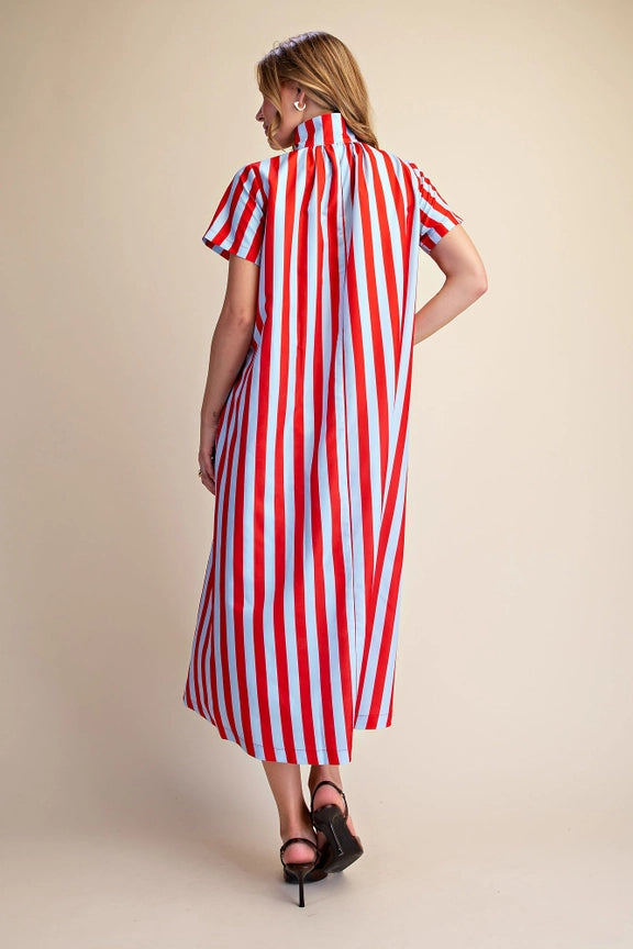 Striped Midi Dress in Red and Powder Blue