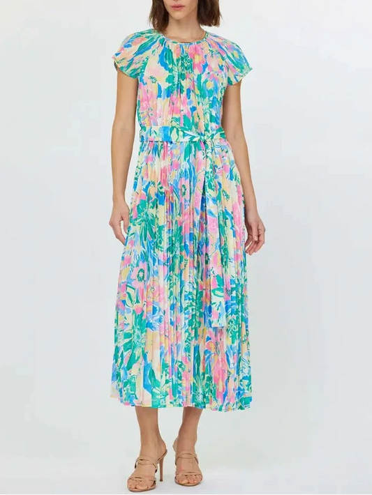 Floral Midi Tie Waist Dress in Multicolor Print