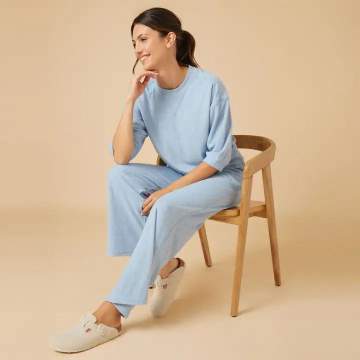 Softies Terry Cropped Sleeve Crew Neck Wide Leg Pant Set