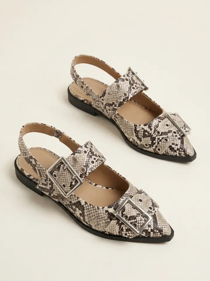 Double Buckle Pointed Toe Slingback Flat in Python