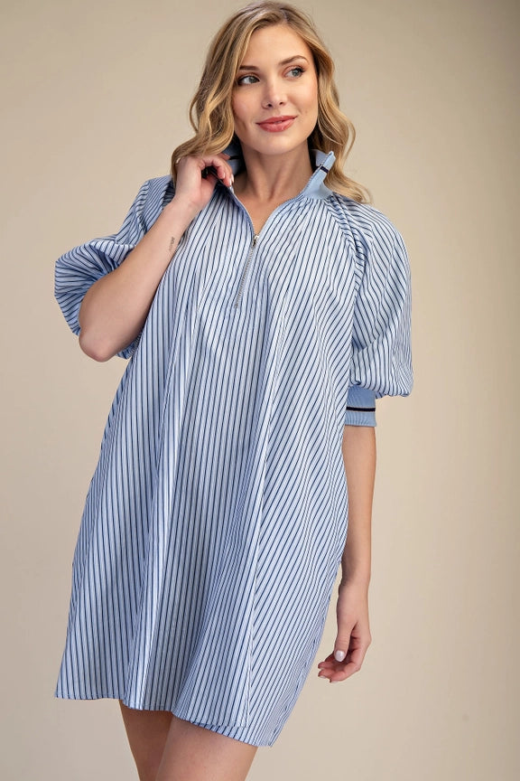 Half Zip Front Striped Dress in Blue