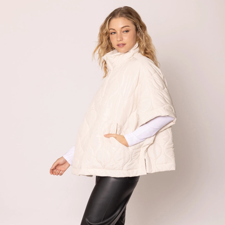 Oversized Quilted Half Zip Poncho in Ivory