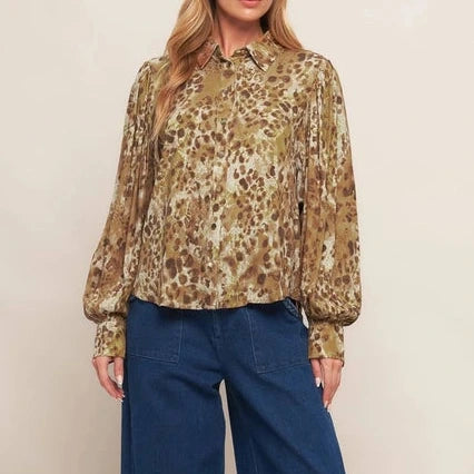 Balloon Sleeve Buttondown Top in Taupe Cheetah