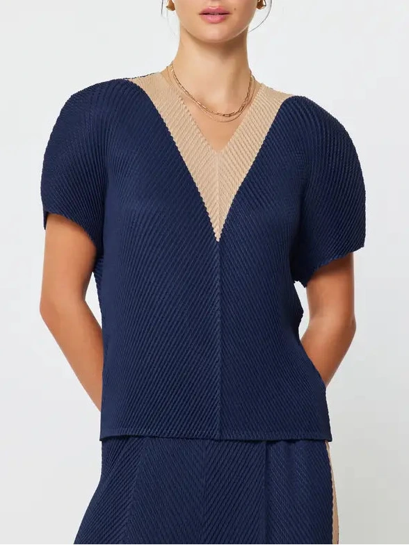 V Neck Dolman Sleeve Pleated Top in Navy