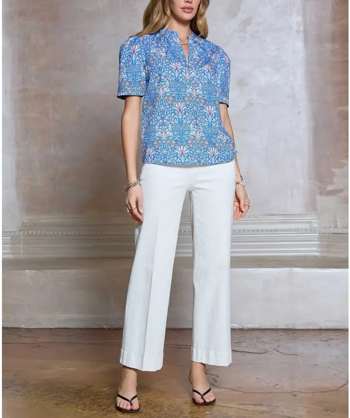 Printed Puff Sleeve Short Sleeve Top in Blue