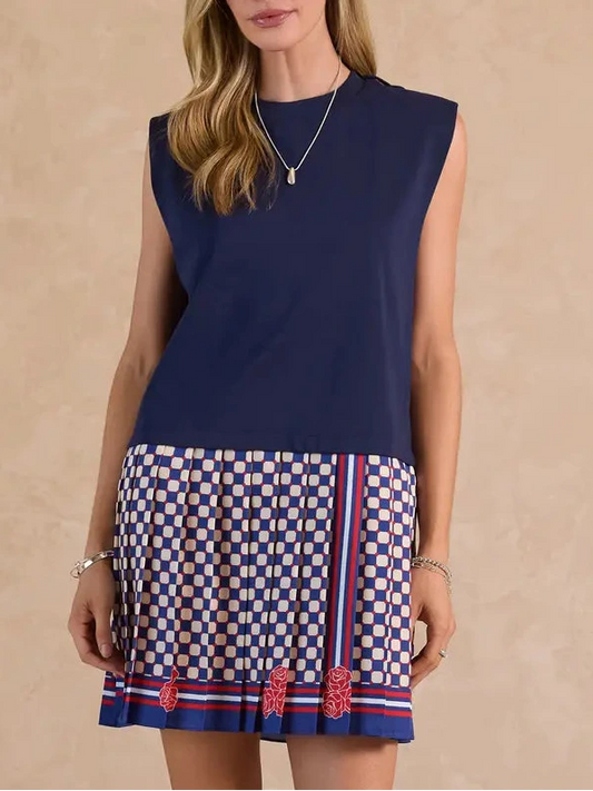Checkered Skirt W/Knit Top Combo Mini Dress in Navy