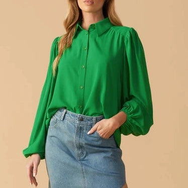 Balloon Sleeve Buttondown Blouse in Green