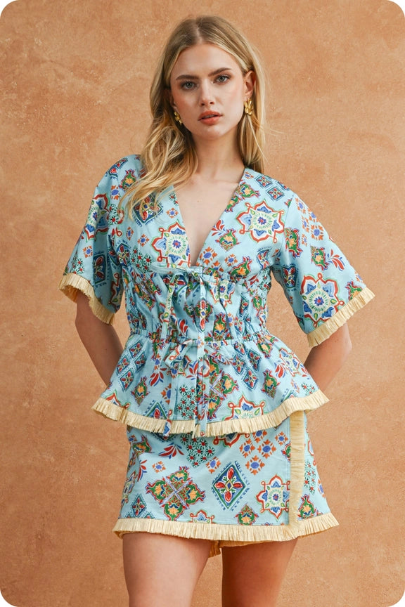 Peplum Fringe Top in Turq. Tile Print