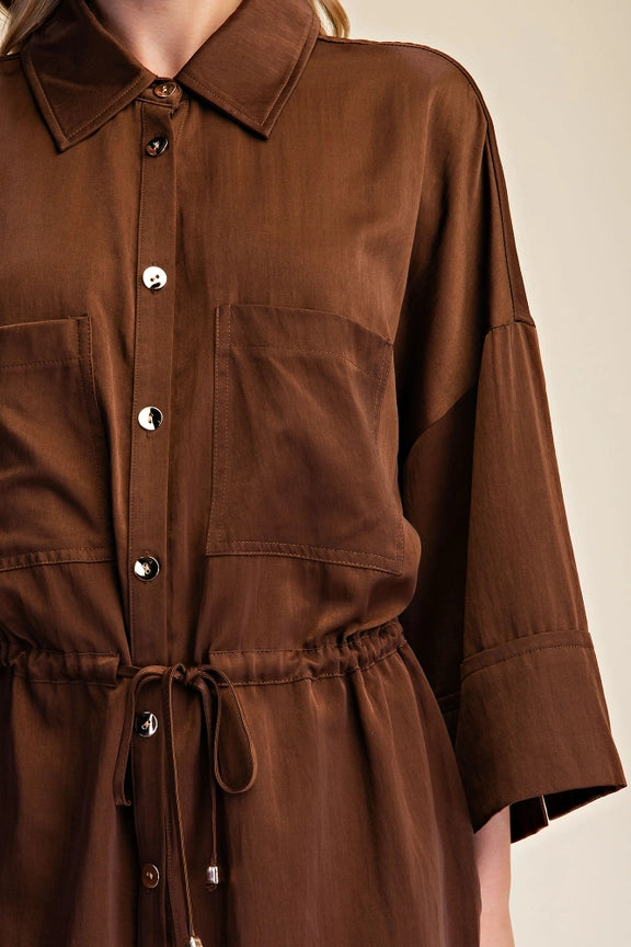 Silky Tie Waist Dolman Tunic in Chocolate