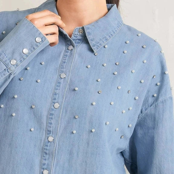 Washed Chambray Pearl Embellished Buttondown in Light Blue