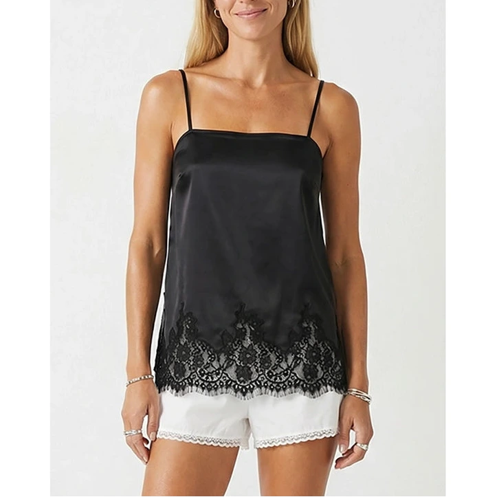Satin Lace Trim Tank in Black