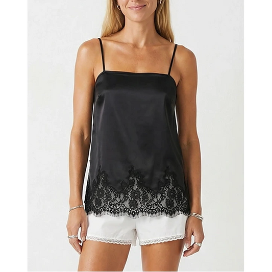 Satin Lace Trim Tank in Black