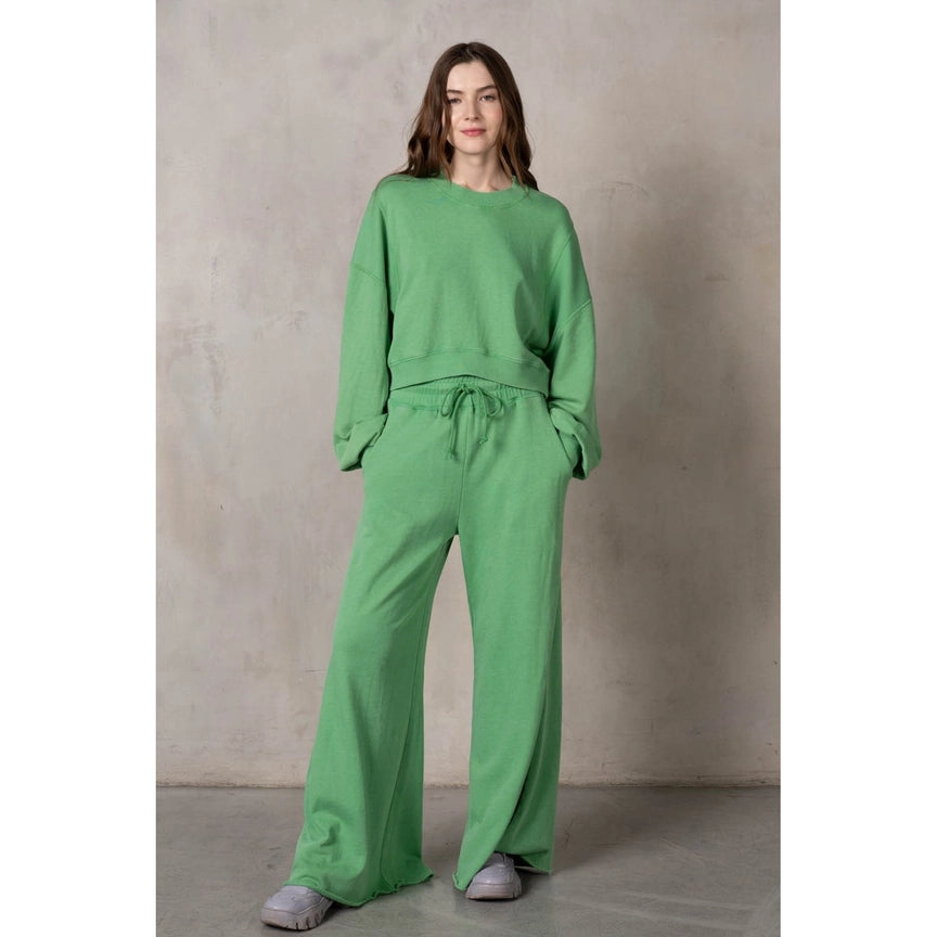 Flare Leg Cropped Sweatshirt Set in Green