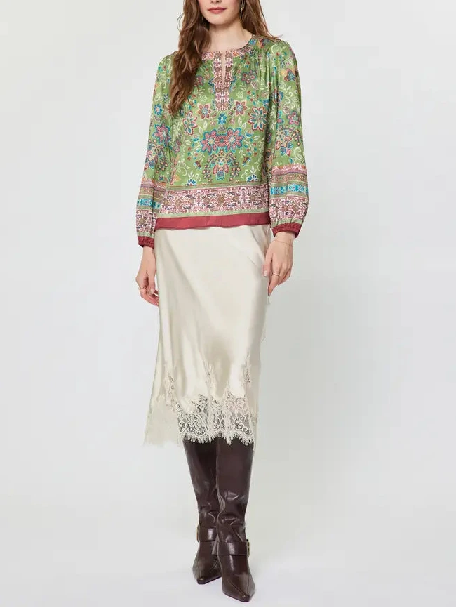 Boho Floral Border Printed Long Sleeve Blouse in Olive