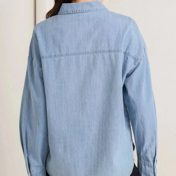 Washed Chambray Pearl Embellished Buttondown in Light Blue