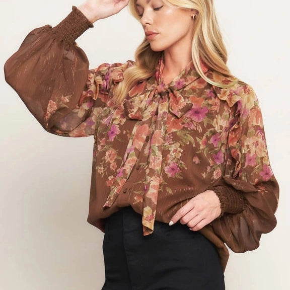 Tie Front Floral Blouse in Coco