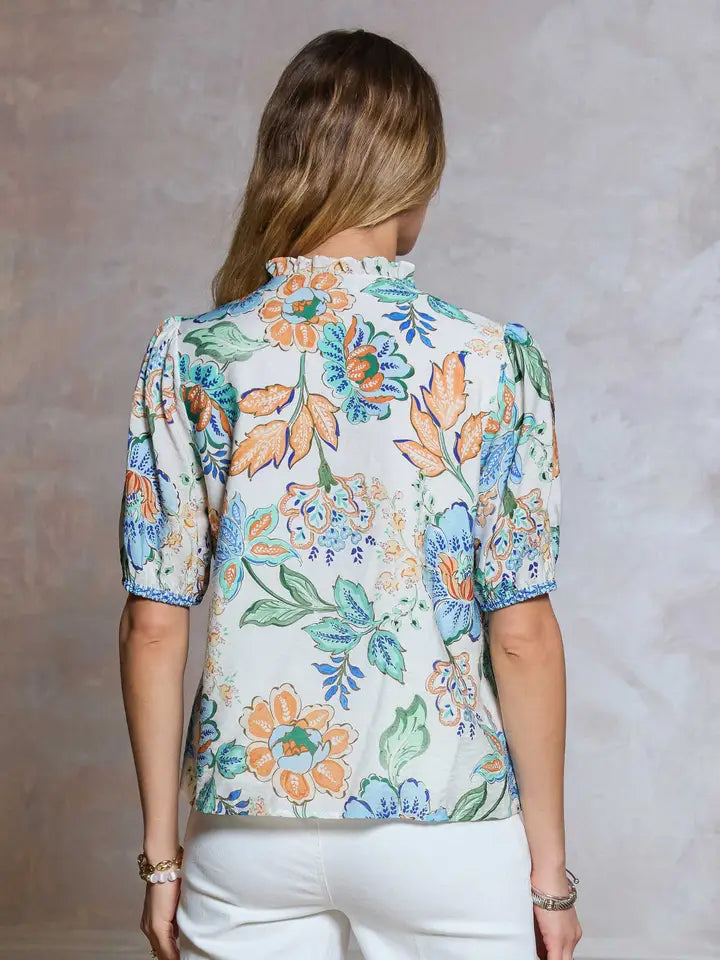 Tie Front Blouse in Blue Multi Print