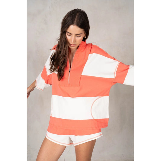 Zip Front Rugby Set in Coral Stripe
