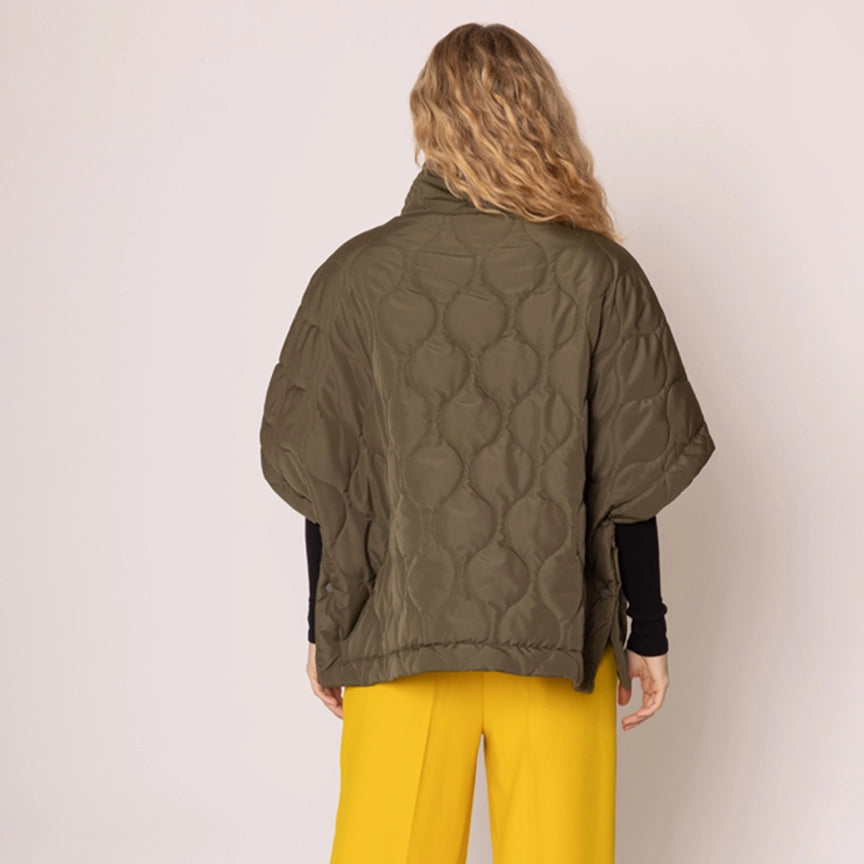 Oversized Quilted Half Zip Poncho in Olive