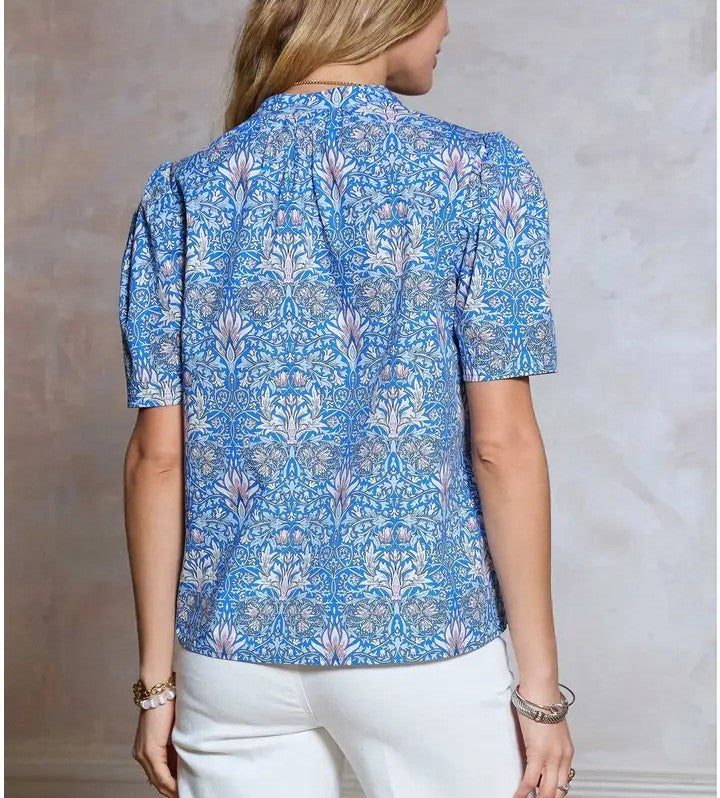 Printed Puff Sleeve Short Sleeve Top in Blue