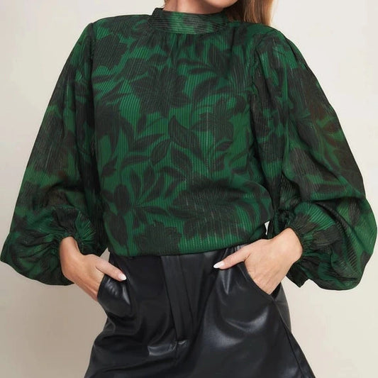 High Neck Tie Back Blouse in Holiday Green