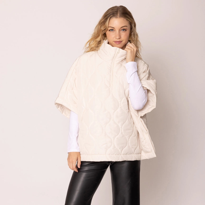 Oversized Quilted Half Zip Poncho in Ivory