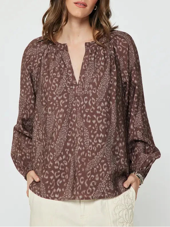 Abstract Animal Printed Long Sleeve Blouse in Mauve Brown