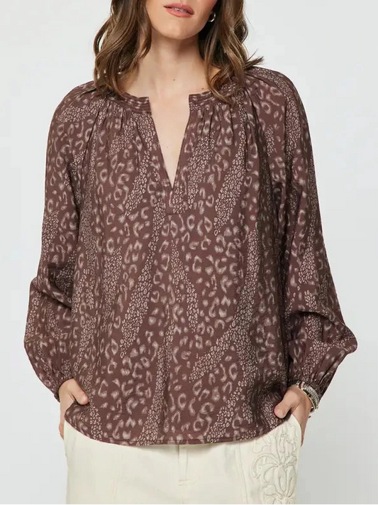 Abstract Animal Printed Long Sleeve Blouse in Mauve Brown