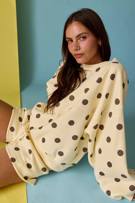 Sweatshirt/Short Set in Cream/Chocolate Polka Dot
