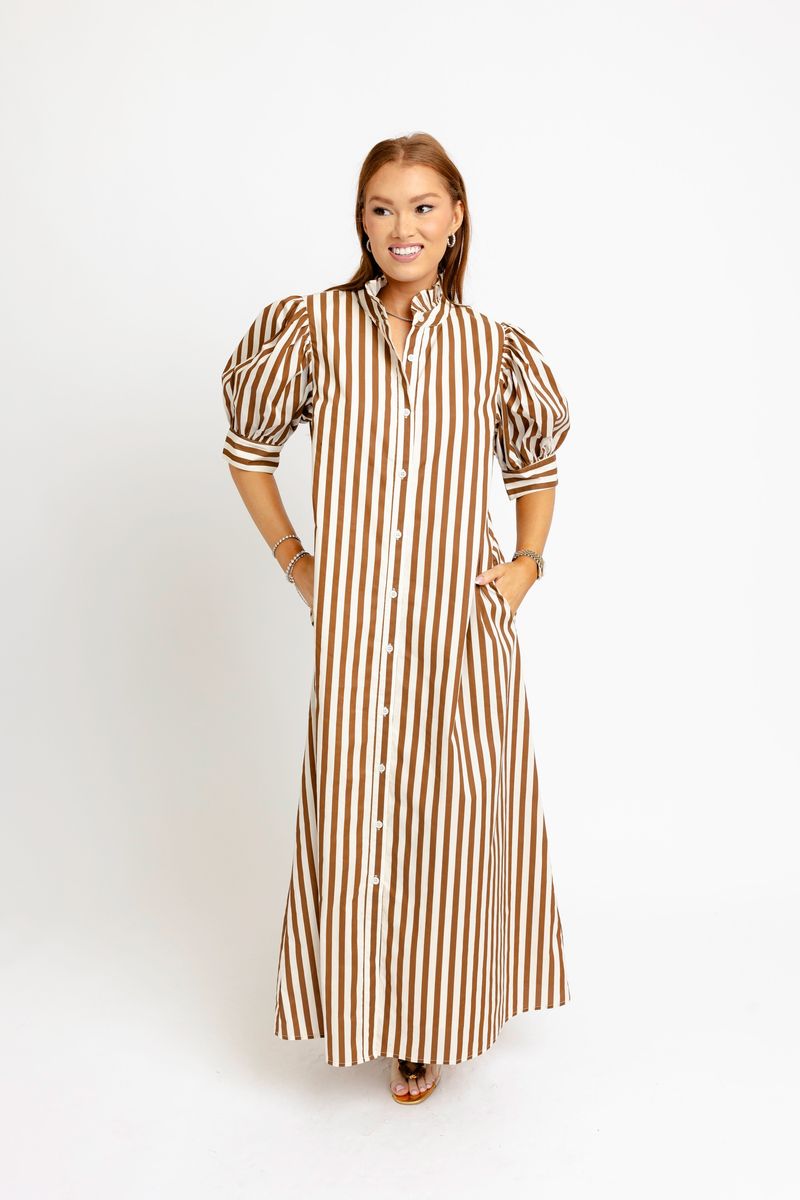 Karlie Striped Ruffle Neck Maxi Shirt Dress in Brown and White