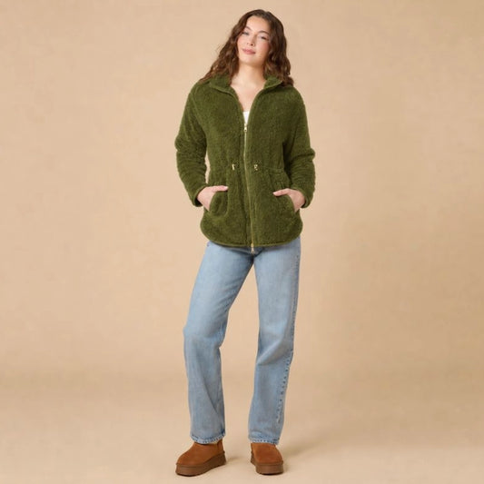 Softies Soft Plush Double Zip Jacket in Olive