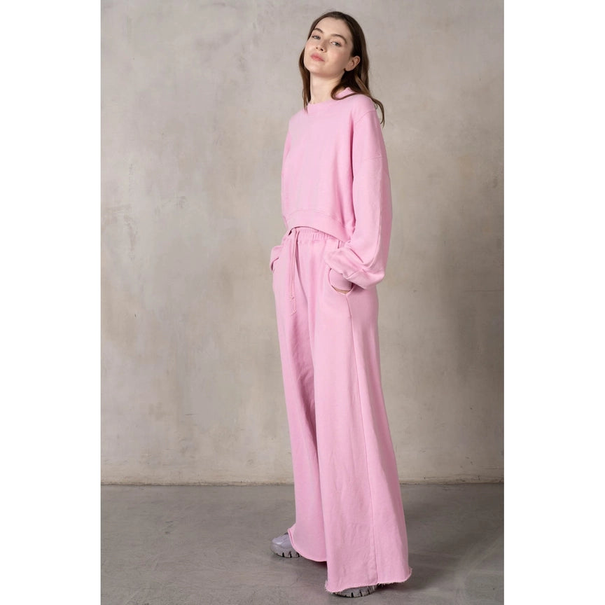 Flare Legged Cropped Sweatshirt Set in Pink