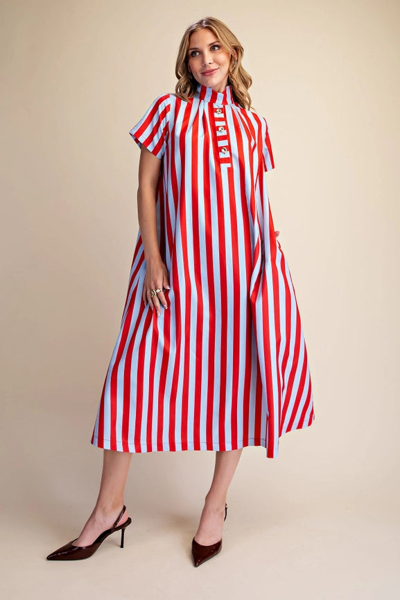 Striped Midi Dress in Red and Powder Blue