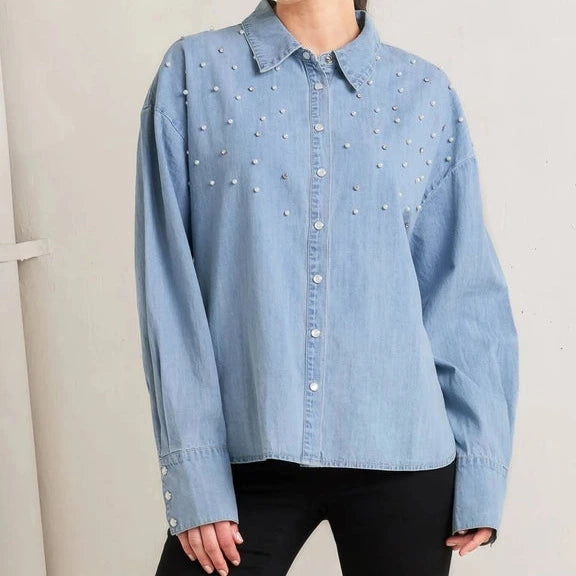 Washed Chambray Pearl Embellished Buttondown in Light Blue
