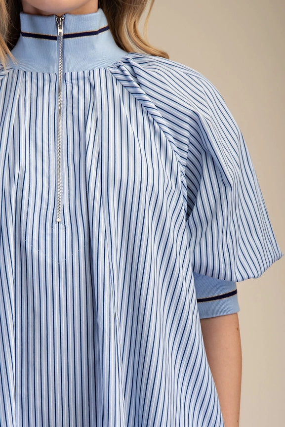 Half Zip Front Striped Dress in Blue